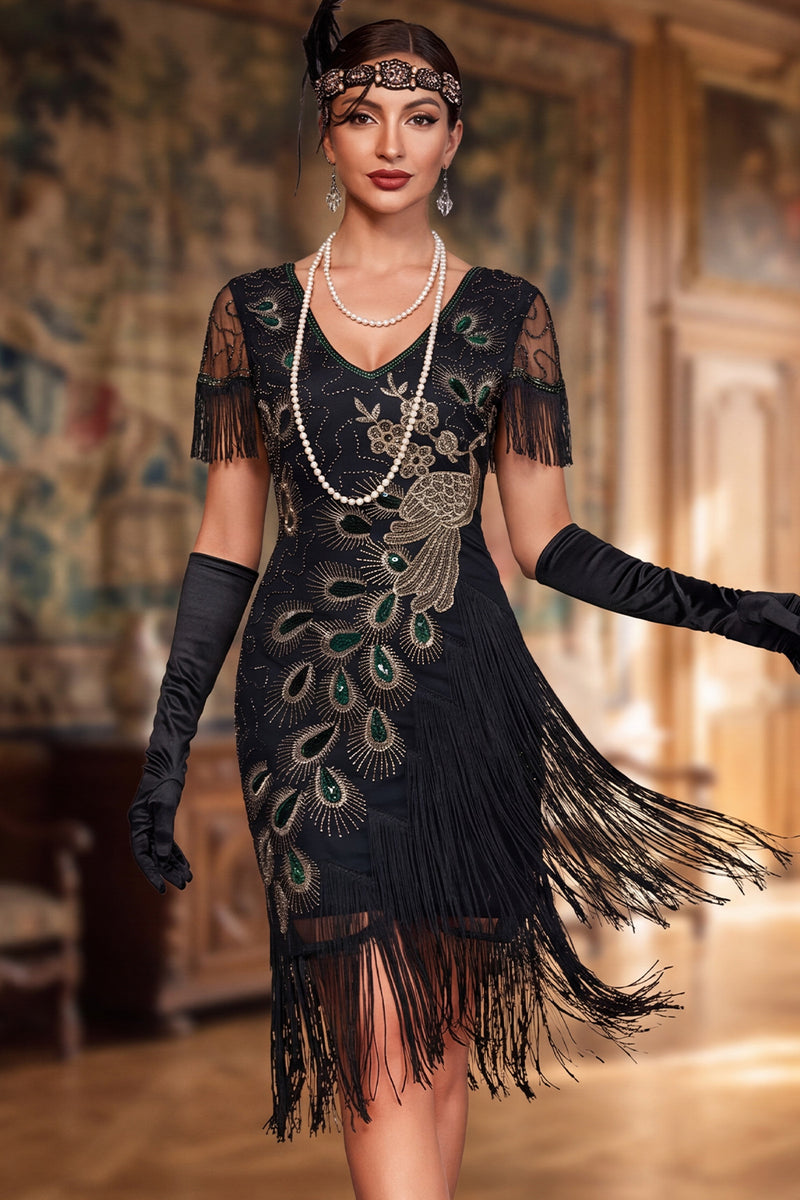 Load image into Gallery viewer, Sparkly Black Bodycon Sequin V-Neck Fringed Midi 1920s Dress with Beading