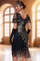 Load image into Gallery viewer, Sparkly Black Bodycon Sequin V-Neck Fringed Midi 1920s Dress with Beading