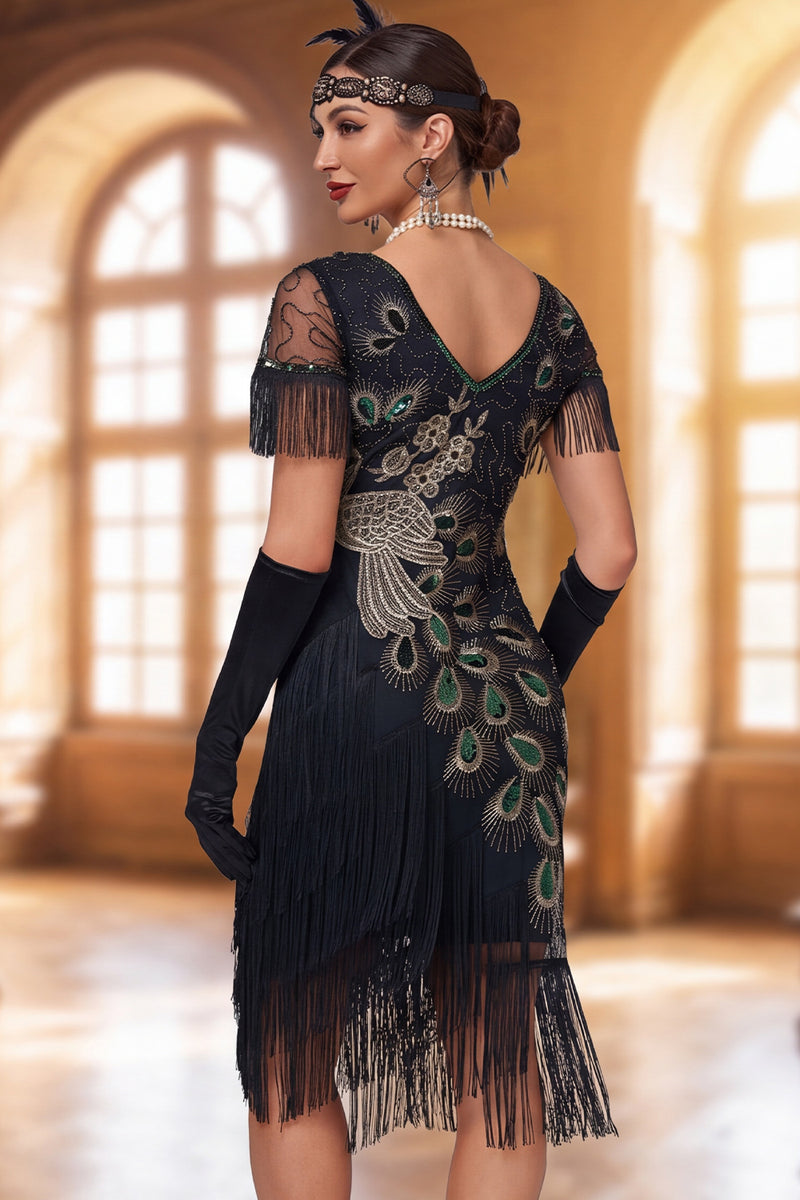 Load image into Gallery viewer, Sparkly Black Bodycon Sequin V-Neck Fringed Midi 1920s Dress with Beading