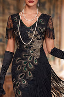 Load image into Gallery viewer, Sparkly Black Bodycon Sequin V-Neck Fringed Midi 1920s Dress with Beading