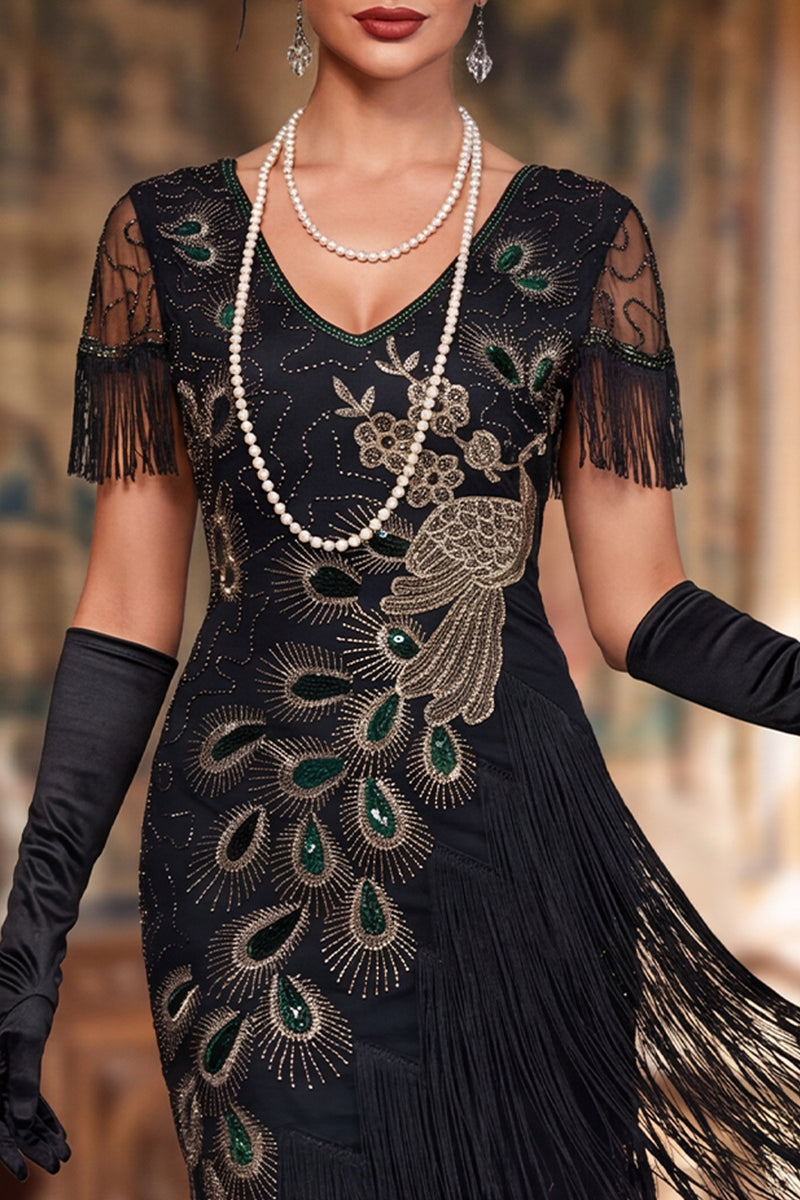 Load image into Gallery viewer, Sparkly Black Bodycon Sequin V-Neck Fringed Midi 1920s Dress with Beading