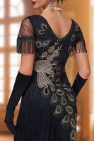 Load image into Gallery viewer, Sparkly Black Bodycon Sequin V-Neck Fringed Midi 1920s Dress with Beading