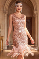 Load image into Gallery viewer, Sparkly Golden Bodycon V-Neck Sequin Fringed Midi 1920s Dress