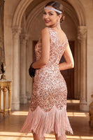 Load image into Gallery viewer, Sparkly Golden Bodycon V-Neck Sequin Fringed Midi 1920s Dress
