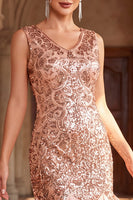 Load image into Gallery viewer, Sparkly Golden Bodycon V-Neck Sequin Fringed Midi 1920s Dress