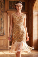 Load image into Gallery viewer, Sparkly Golden Bodycon V-Neck Sequin Fringed Midi 1920s Dress