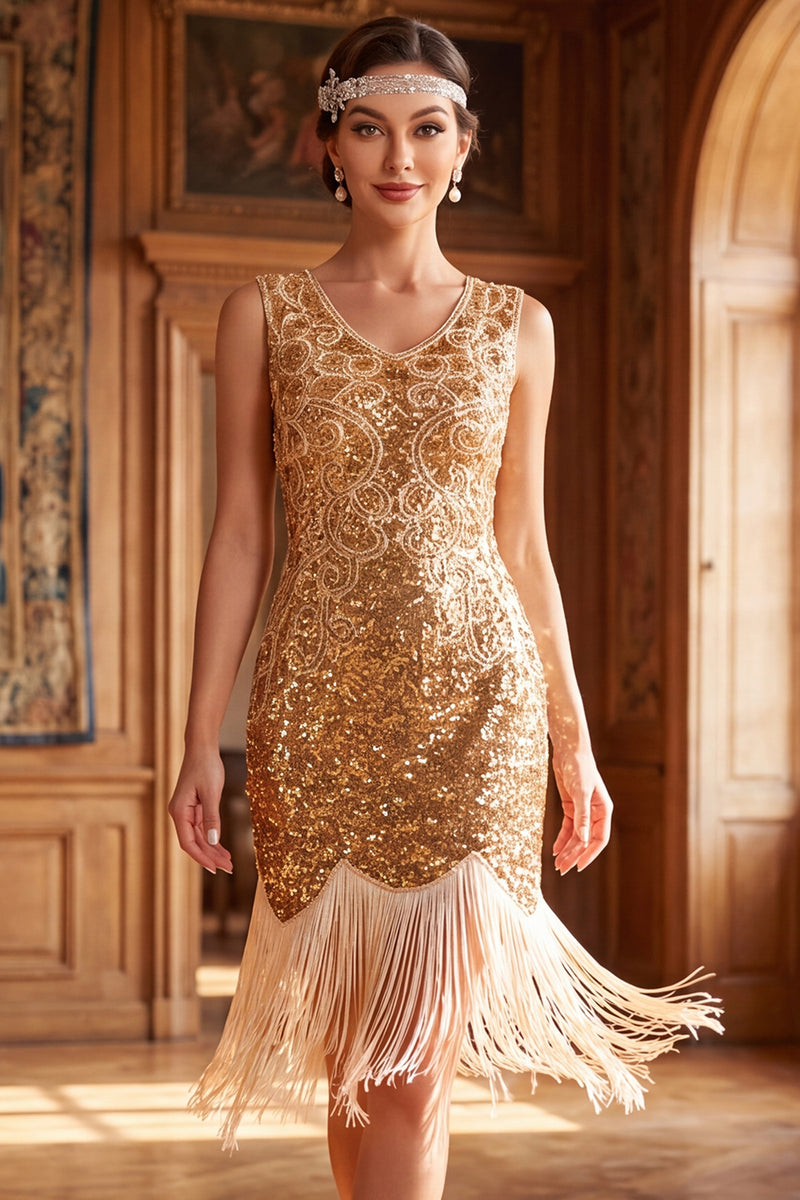 Load image into Gallery viewer, Sparkly Golden Bodycon V-Neck Sequin Fringed Midi 1920s Dress