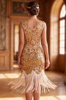 Load image into Gallery viewer, Sparkly Golden Bodycon V-Neck Sequin Fringed Midi 1920s Dress
