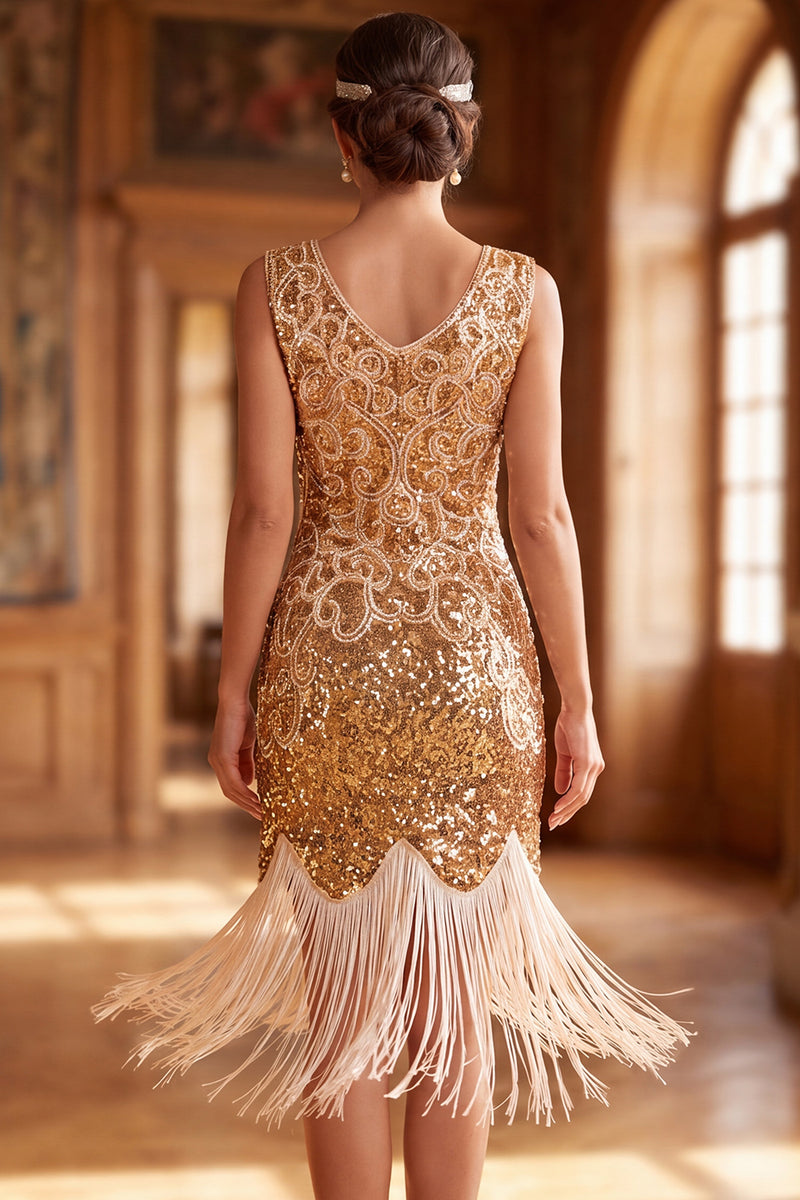Load image into Gallery viewer, Sparkly Golden Bodycon V-Neck Sequin Fringed Midi 1920s Dress