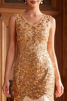 Load image into Gallery viewer, Sparkly Golden Bodycon V-Neck Sequin Fringed Midi 1920s Dress
