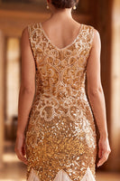 Load image into Gallery viewer, Sparkly Golden Bodycon V-Neck Sequin Fringed Midi 1920s Dress