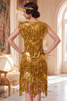 Load image into Gallery viewer, Sparkly Royal Blue Fringed Bodycon Sequin Tiered Round Neck Midi 1920s Dress