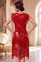 Load image into Gallery viewer, Sparkly Royal Blue Fringed Bodycon Sequin Tiered Round Neck Midi 1920s Dress
