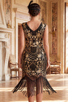 Load image into Gallery viewer, Sparkly Black Golden Bodycon Sequin Beaded V-Neck Midi 1920s Dress with Fringes