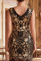 Load image into Gallery viewer, Sparkly Black Golden Bodycon Sequin Beaded V-Neck Midi 1920s Dress with Fringes
