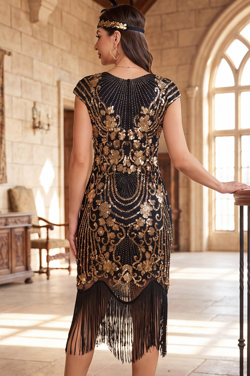 Load image into Gallery viewer, Dark Green Bodycon Sparkly Floral Sequin Fringed Midi 1920s Dress with Beading