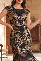 Load image into Gallery viewer, Dark Green Bodycon Sparkly Floral Sequin Fringed Midi 1920s Dress with Beading