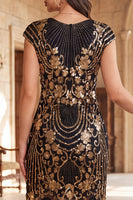 Load image into Gallery viewer, Dark Green Bodycon Sparkly Floral Sequin Fringed Midi 1920s Dress with Beading