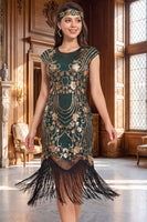 Load image into Gallery viewer, Dark Green Bodycon Sparkly Floral Sequin Fringed Midi 1920s Dress with Beading