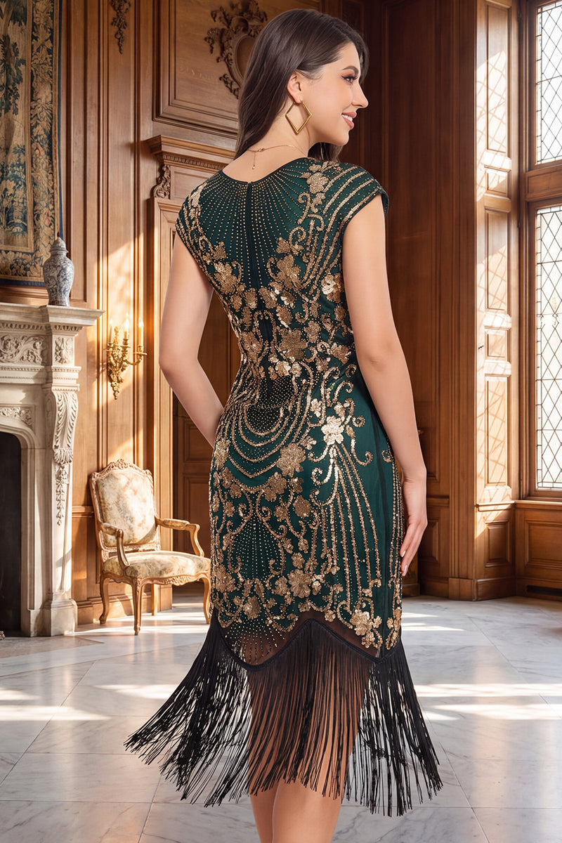Load image into Gallery viewer, Dark Green Bodycon Sparkly Floral Sequin Fringed Midi 1920s Dress with Beading