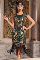 Load image into Gallery viewer, Dark Green Bodycon Sparkly Floral Sequin Fringed Midi 1920s Dress with Beading