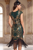Load image into Gallery viewer, Dark Green Bodycon Sparkly Floral Sequin Fringed Midi 1920s Dress with Beading