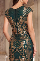 Load image into Gallery viewer, Dark Green Bodycon Sparkly Floral Sequin Fringed Midi 1920s Dress with Beading