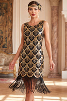 Load image into Gallery viewer, Sparkly Black Golden Bodycon Sequin Keyhole Midi 1920s Dress with Fringes