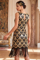 Load image into Gallery viewer, Sparkly Black Golden Bodycon Sequin Keyhole Midi 1920s Dress with Fringes
