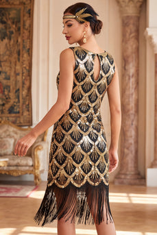Sparkly Black Golden Bodycon Sequin Keyhole Midi 1920s Dress with Fringes