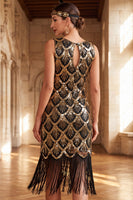Load image into Gallery viewer, Sparkly Black Golden Bodycon Sequin Keyhole Midi 1920s Dress with Fringes