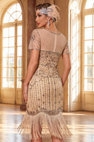 Load image into Gallery viewer, Apricot Bodycon Sparkly V-Neck Sequin Beaded Midi 1920s Dress with Fringes