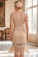 Load image into Gallery viewer, Apricot Bodycon Sparkly V-Neck Sequin Beaded Midi 1920s Dress with Fringes