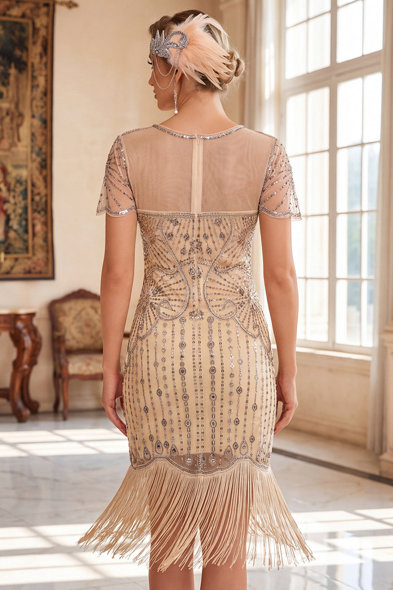 Load image into Gallery viewer, Apricot Bodycon Sparkly V-Neck Sequin Beaded Midi 1920s Dress with Fringes