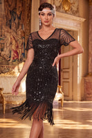 Load image into Gallery viewer, Apricot Bodycon Sparkly V-Neck Sequin Beaded Midi 1920s Dress with Fringes
