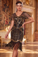 Load image into Gallery viewer, Apricot Bodycon Sparkly V-Neck Sequin Beaded Midi 1920s Dress with Fringes