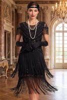 Load image into Gallery viewer, Black Green Bodycon Sparkly Sequin Tiered Round Neck Fringed Midi 1920s Dress