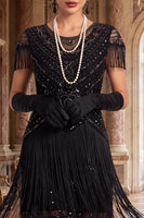 Load image into Gallery viewer, Black Green Bodycon Sparkly Sequin Tiered Round Neck Fringed Midi 1920s Dress