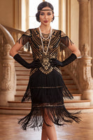 Load image into Gallery viewer, Black Green Bodycon Sparkly Sequin Tiered Round Neck Fringed Midi 1920s Dress