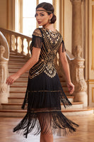 Load image into Gallery viewer, Black Green Bodycon Sparkly Sequin Tiered Round Neck Fringed Midi 1920s Dress