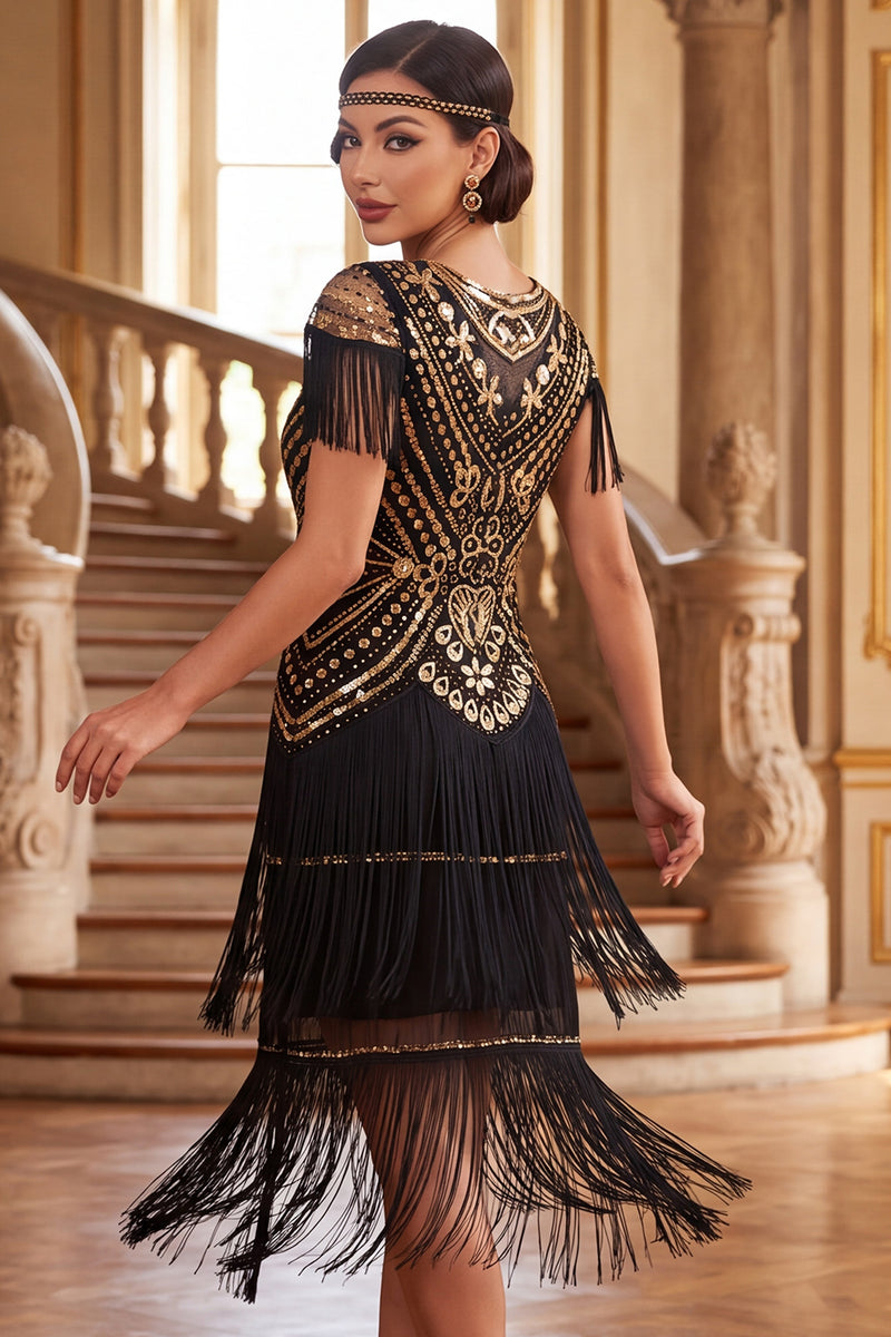 Load image into Gallery viewer, Black Green Bodycon Sparkly Sequin Tiered Round Neck Fringed Midi 1920s Dress
