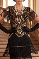 Load image into Gallery viewer, Black Green Bodycon Sparkly Sequin Tiered Round Neck Fringed Midi 1920s Dress
