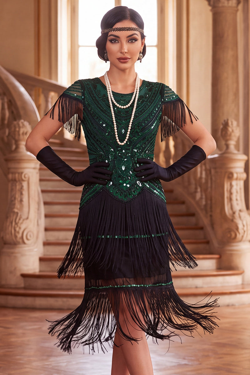 Load image into Gallery viewer, Black Green Bodycon Sparkly Sequin Tiered Round Neck Fringed Midi 1920s Dress