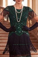 Load image into Gallery viewer, Black Green Bodycon Sparkly Sequin Tiered Round Neck Fringed Midi 1920s Dress