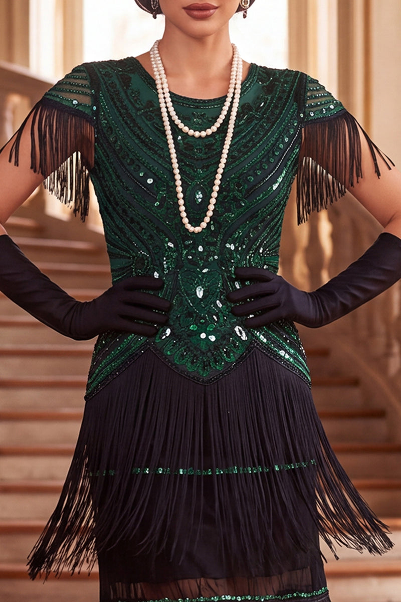 Load image into Gallery viewer, Black Green Bodycon Sparkly Sequin Tiered Round Neck Fringed Midi 1920s Dress