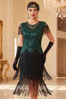 Load image into Gallery viewer, Black Green Bodycon Sparkly Sequin Tiered Round Neck Fringed Midi 1920s Dress