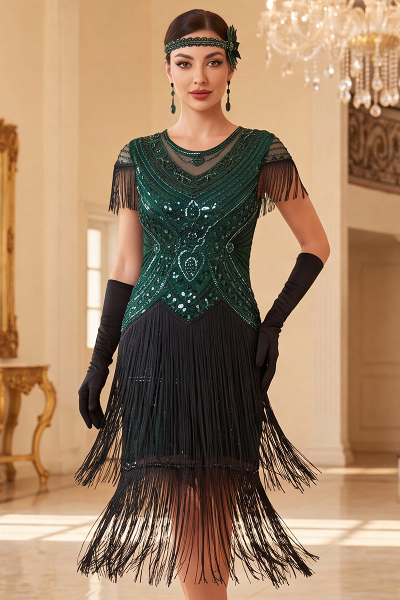 Load image into Gallery viewer, Black Green Bodycon Sparkly Sequin Tiered Round Neck Fringed Midi 1920s Dress