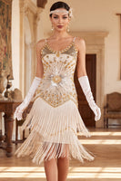 Load image into Gallery viewer, Apricot Bodycon Sparkly Sequin Beaded Tiered Midi 1920s Dress with Fringes