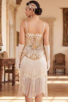 Apricot Bodycon Sparkly Sequin Beaded Tiered Midi 1920s Dress with Fringes