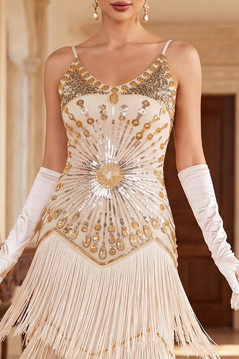 Load image into Gallery viewer, Apricot Bodycon Sparkly Sequin Beaded Tiered Midi 1920s Dress with Fringes